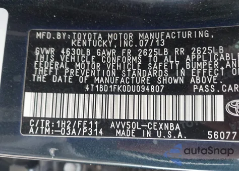 2013 Toyota Camry Hybrid Le from USA, damaged, VIN 4T1BD1FK0DU094807